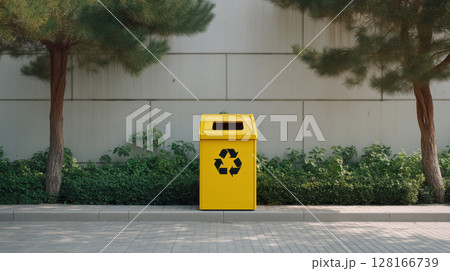 Yellow recycling bin price increased in urban park setting with green trees and sunlight creating calm atmosphere 128166739