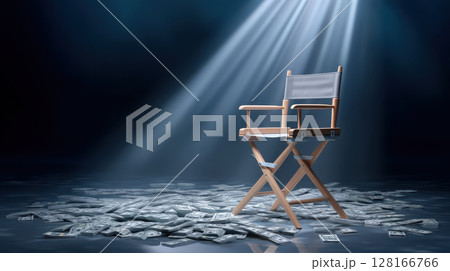 Director chair under spotlight with money scattered on floor, price increased concept, dramatic atmosphere, financial success, wealth 128166766