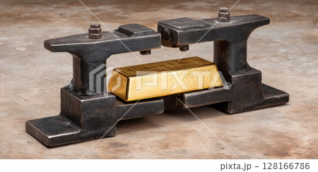 Gold bar price increased as it is pressed between two heavy metal clamps on concrete floor, symbolizing financial pressure 128166786