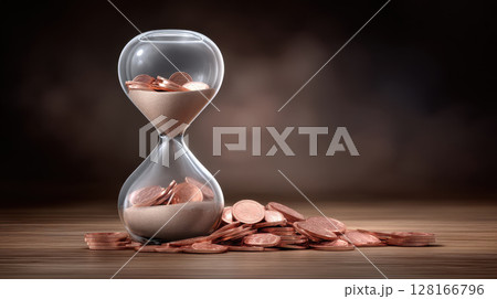 Hourglass filled with sand and coins symbolizes increased price over time, reflecting financial growth and economic change 128166796
