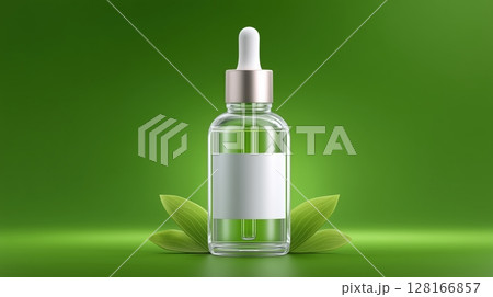 Clear glass serum bottle with dropper and blank label, set against a green background with fresh leaves 128166857