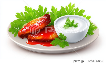 Tasty BBQ chicken wings served with white sauce in a bowl and fresh green herbs on a white plate Tasty BBQ chicken wings served with white sauce in a bowl and fresh green herbs on a white plate 128166862