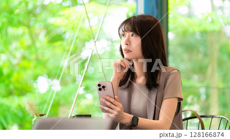 カフェでスマートフォンを使いながら考える女性 カフェでスマートフォンを使いながら考える女性 128166874