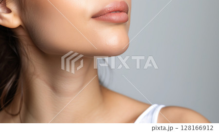 Venus rings horizontal on neck, age-related skin changes, senior, gradual aging, banner with copy space 128166912