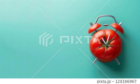 Pomodoro method, planning. Clock that looks like tomato. Blue background, copy space banner 128166967