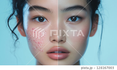Cosmetology Beauty Procedures, Asian Woman, Treatment Dermatology, Acne, Before and After Banner 128167003