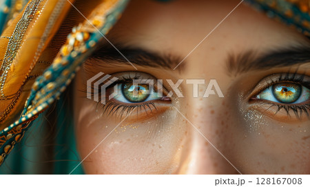 Indian native aboriginal woman eyes sight, International Day of the World's Indigenous Peoples, banner copy space 128167008