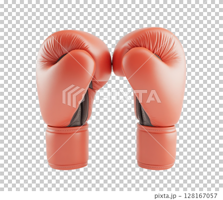 Pair of orange boxing gloves facing each other on white background 128167057