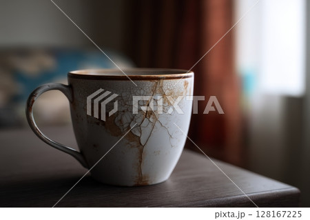 Cracked ceramic mug on wooden table beside window in cozy indoor setting during afternoon light 128167225