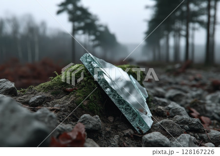 Broken glass shard rests on mossy rock in a foggy forest during a quiet morning 128167226