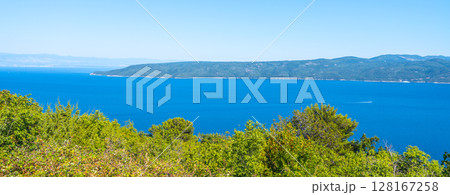 The vibrant blue waters of the Adriatic Sea stretch along the Istria Peninsula, surrounded by lush greenery. This serene landscape showcases natural beauty on a clear, sunny day. 128167258
