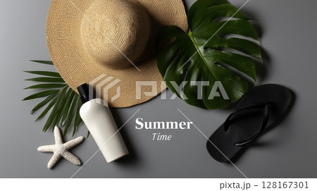 Summer vibes with a beach hat, flip flops, and tropical elements on a simple background 128167301