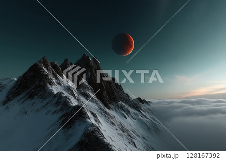 Stunning mountain landscape under a red lunar eclipse at twilight 128167392