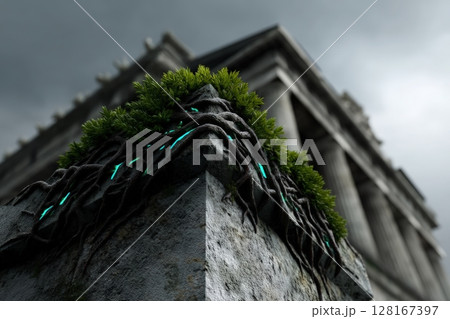 Ancient structure covered in vibrant green moss with glowing roots under a dramatic sky 128167397