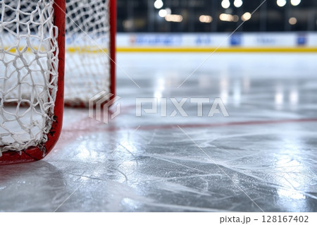 Ice rink with goal net in focus during a hockey game at night 128167402