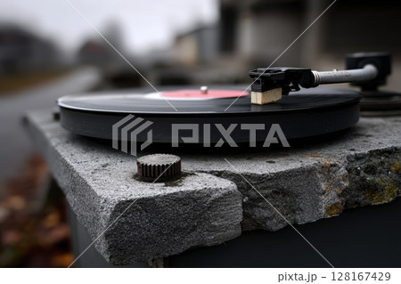 Vintage vinyl record player on stone surface outdoors during a foggy morning Vintage vinyl record player on stone surface outdoors during a foggy morning 128167429