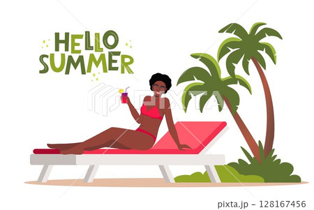 Black woman dressed in swimsuit sunbathing on the beach with cocktail in her hand and smiling. Girl on sun bed. Hello Summer lettering. Vector illustration. Black woman dressed in swimsuit sunbathing on the beach with cocktail in her hand and smiling. Girl on sun bed. Hello Summer lettering. Vector illustration. 128167456