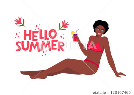 Black woman dressed in swimsuit sunbathing on the beach with cocktail in her hand and smiling. Hello Summer lettering. Vector illustration. 128167460