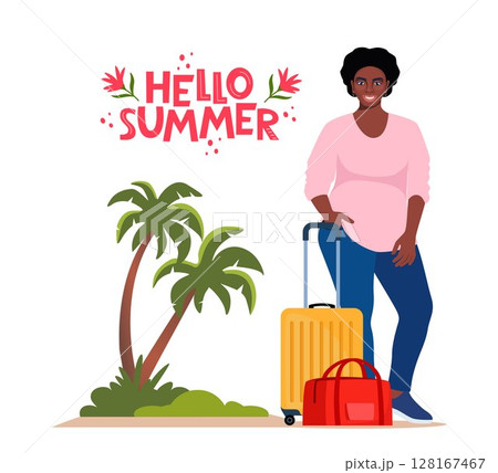 Black woman stands beside luggage, ready for travel. Palms and Hello Summer lettering. Concept of adventure, journey, summer trip. Vector Illustration. 128167467