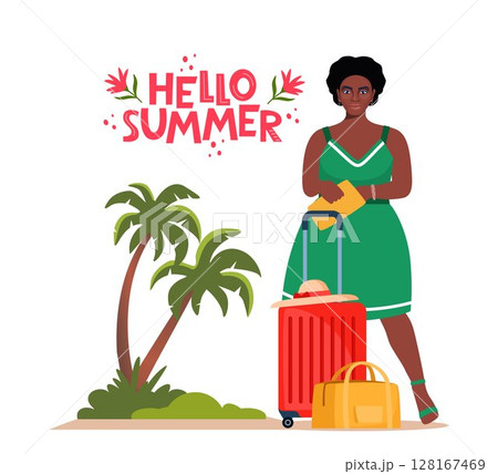 Black woman stands beside luggage, ready for travel. Palms and Hello Summer lettering. Concept of adventure, journey, summer trip. Vector Illustration. 128167469