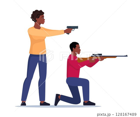 Sport shooting. Aiming black woman with pistol and man with rifle. Outdoor hobby, shooting. Shooters defends property. Military outdoor skills. Vector. Sport shooting. Aiming black woman with pistol and man with rifle. Outdoor hobby, shooting. Shooters defends property. Military outdoor skills. Vector. 128167489