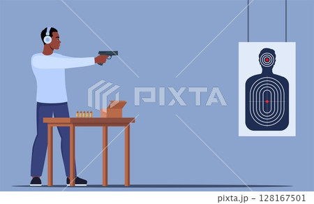 Focused Black man Practicing Shooting Skills At Indoor Range. Male Character In Ear Protection Stands Confidently, Aiming Pistol At Target. Vector illustration. Focused Black man Practicing Shooting Skills At Indoor Range. Male Character In Ear Protection Stands Confidently, Aiming Pistol At Target. Vector illustration. 128167501