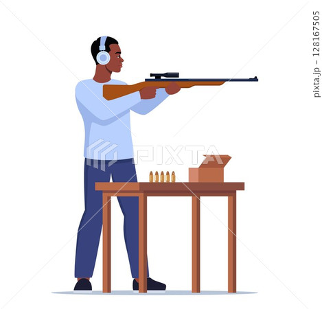 Focused Black man Practicing Shooting Skills At Indoor Range. Male Character In Ear Protection Stands Confidently, Aiming A Rifle. Vector illustration. Focused Black man Practicing Shooting Skills At Indoor Range. Male Character In Ear Protection Stands Confidently, Aiming A Rifle. Vector illustration. 128167505