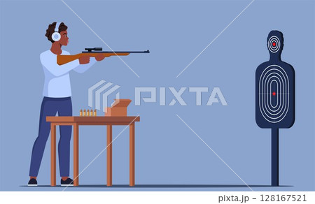 Focused black woman Practicing Shooting Skills At Indoor Range. Female Character In Ear Protection Stands Confidently, Aiming A Rifle At Target. Vector illustration. Focused black woman Practicing Shooting Skills At Indoor Range. Female Character In Ear Protection Stands Confidently, Aiming A Rifle At Target. Vector illustration. 128167521