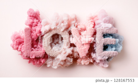 Colorful LOVE word surrounded by soft pastel smoke clouds, creating a dreamy and romantic atmosphere for creative projects and designs 128167553