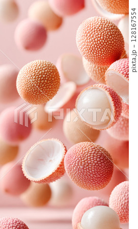 Colorful floating lychee fruits with textured skin and smooth inner flesh, creating a vibrant and playful visual composition in mid-air 128167554