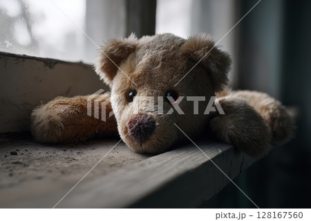 Teddy bear resting on a windowsill in an abandoned building during a gloomy afternoon 128167560
