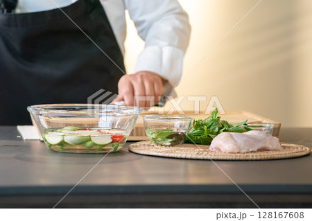 Sterillizer for washing vagetable by chef, food and herbal ingredients were saoked in hygined water to prepare to cook. Sterillizer for washing vagetable by chef, food and herbal ingredients were saoked in hygined water to prepare to cook. 128167608