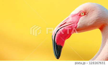 Close-up of a vibrant pink flamingo against a bright yellow background, showcasing its unique features and striking colors in natural light 128167631