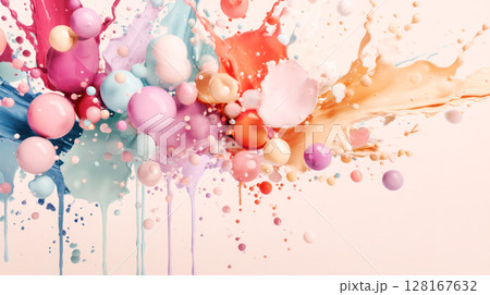 Colorful paint splashes and droplets create an abstract explosion of vibrant hues against a soft pastel background, showcasing artistic expression and creativity 128167632