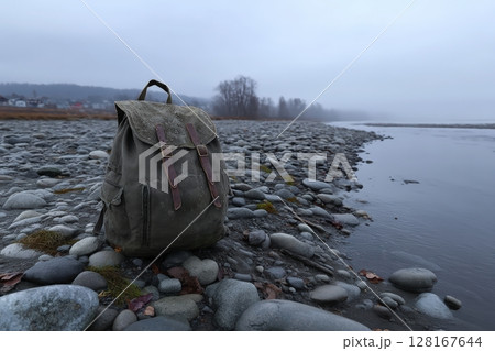Backpack resting on a rocky riverbank during a foggy morning at the waters edge 128167644