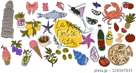 A whimsical set of hand-drawn sketches with splashes of color, Dolce Vita is inspired by the Mediterranean lifestyle. Includes food, drinks, flowers, summer decor and travel items. A whimsical set of hand-drawn sketches with splashes of color, Dolce Vita is inspired by the Mediterranean lifestyle. Includes food, drinks, flowers, summer decor and travel items. 128167835