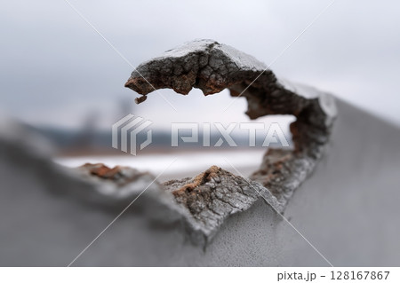 Concrete structure shows wear and tear highlighting rust and decay in an industrial area during winter 128167867