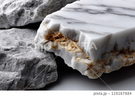 Marble and granite rocks showcasing natural textures and colors during bright daylight 128167884