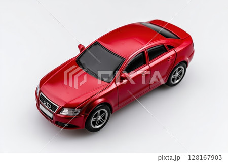 Red toy car model displayed on a white background in a studio setting 128167903