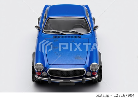 Model car in blue color showcasing detailed design features and worn texture Model car in blue color showcasing detailed design features and worn texture 128167904