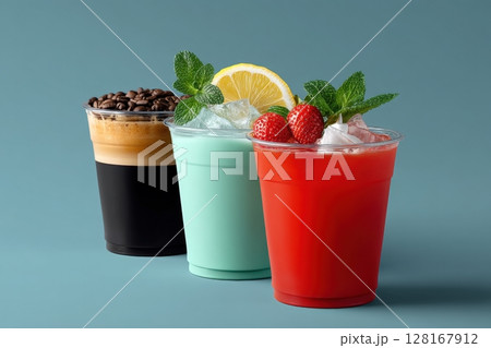 Colorful beverages displayed with fresh garnishes at a summer gathering event 128167912