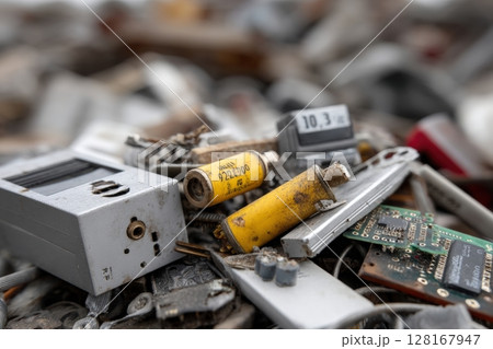 Discarded electronic waste at recycling facility showcases various outdated devices and components 128167947