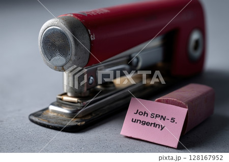 Stapler and eraser on gray surface in a functional workspace for office tasks 128167952