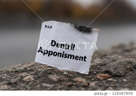 Dentist appointment card found on the ground near a sidewalk in a city at dusk 128167959