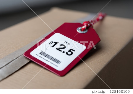 Price tag on a cardboard box shows $12.5 at a retail store during the afternoon 128168109