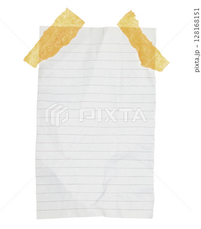 Crumpled sheet of notepad paper attached by adhesive tape, isolated on transparent background. Office blank paper concept 128168151