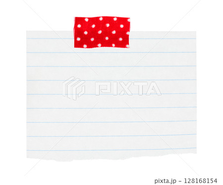 Torn sheet of notepad paper attached by adhesive tape, isolated on transparent background. Office blank paper concept 128168154