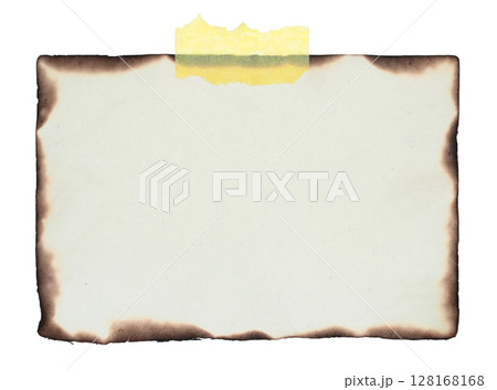 Blank sheet of paper burnt at the edges attached by adhesive tape, isolated on transparent background. Office and vintage blank paper concept 128168168