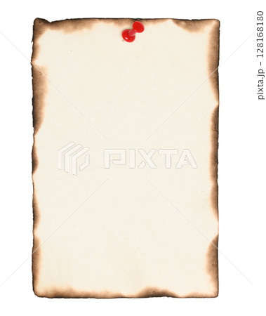Blank sheet of paper burnt at the edges pinned by red pin, isolated on transparent background. Office and vintage blank paper concept 128168180