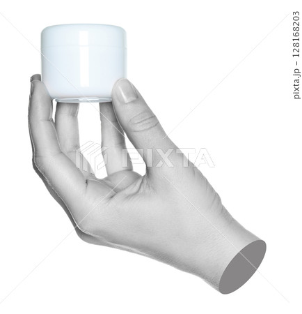 Woman hand holds a white cosmetic cream jar, on transparent background close-up, template for cosmetics ads. Contemporary art 128168203